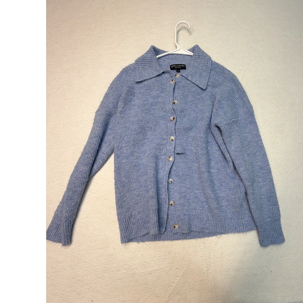 Central Park West Light Blue Ribbed Polo Collar Button Front Cardigan Sweater M - Picture 3 of 6
